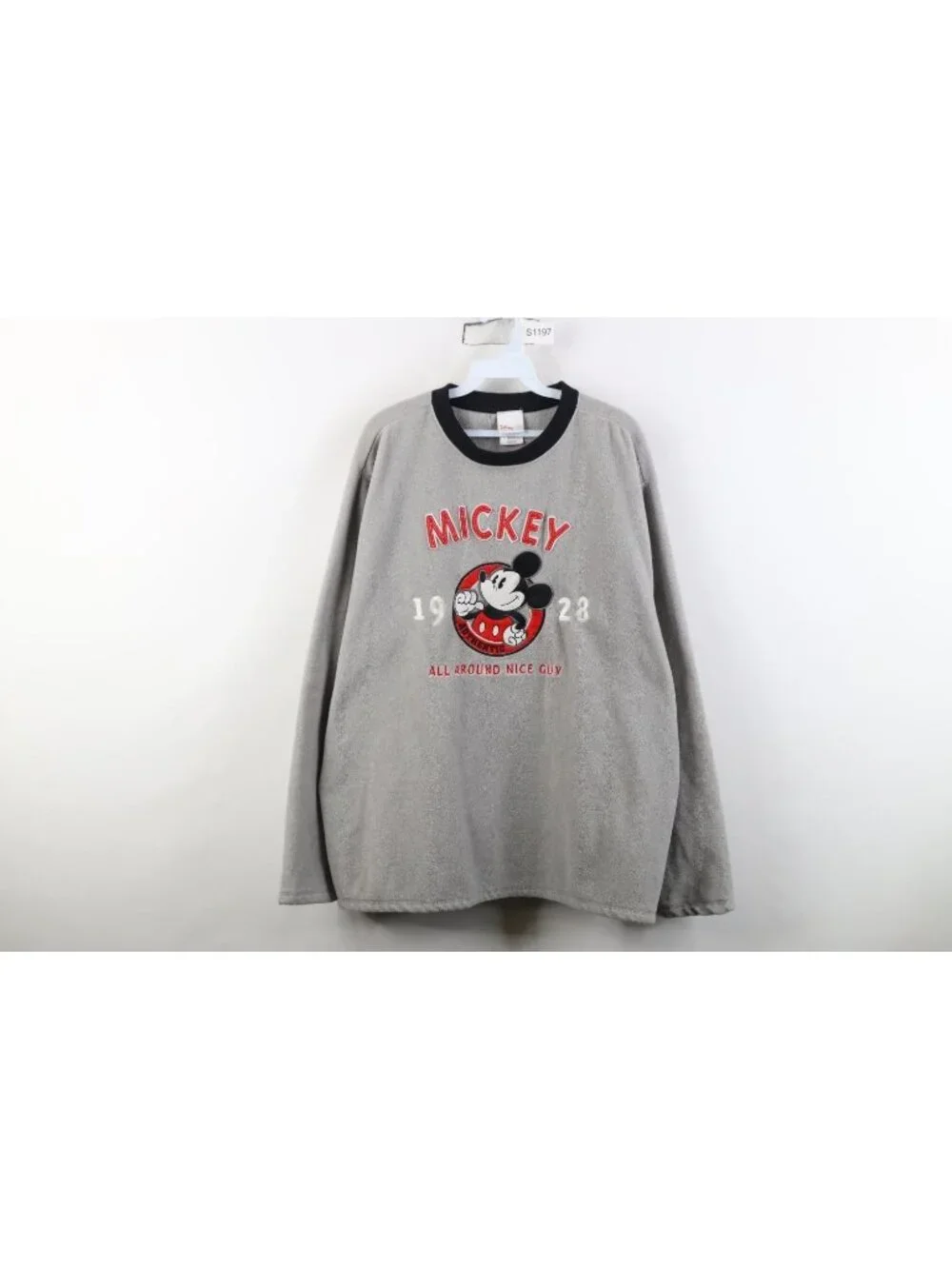 Vtg 90s Disney Mens Large Mickey Mouse All Around Nice Guy Fleece Sweater Gray